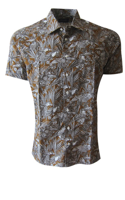 Sophisticated tropics in a rich & handsome honey brown with natural.
Short sleeves with cuff finish 
Dress it up or wear it casual with bermudas.
Super soft cotton
Modern Fit
Runs true to size 