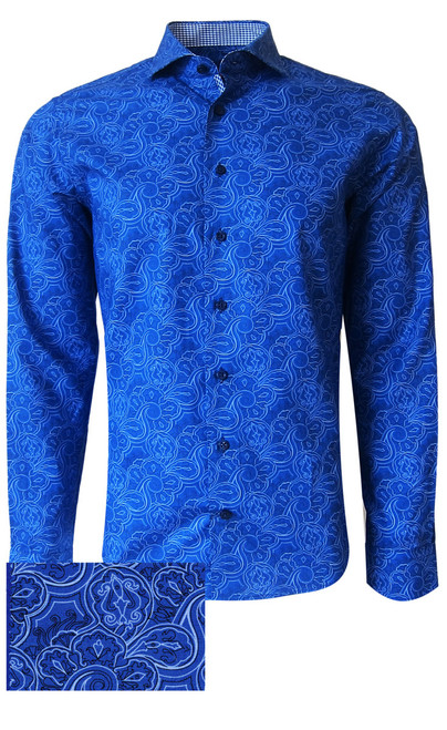Sophisticated Luxe fine 100% Pima Cotton woven shirt for dress or casual!   
A rich & royal Liberty print paisley that goes with so much.
Dress it up or sporty with the Georg Roth roll. 
The mini royal hounds tooth contrast in the collar stand and cuffs, when rolled, and down the front placket add that special complimentary touch that Georg Roth shirts are known for. 
1 Breast pocket 
Machine wash cold hang to dry or dry clean 