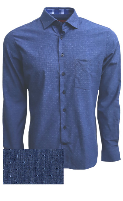 Super soft Pima Cotton in a rich denim  blue with a mini tone on tone pattern. For business, casual or dress this shirt is so versatile, if rolling the sleeves or under a jacket, you will enjoy the many compliments! Detailed with a cool pattern in blues and grays inside the collar stand and cuffs along with a very small piping inside the front placket. 
Soft Collar with hidden button down detail for the perfect shape
100% Cotton
1 Breast pocket
Machine wash cold hang to dry or dry clean 
