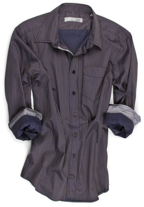 You will be "dressed to the nines" when you wear this stunning high-fashion date night shirt.  This navy, brown and gray pin stripe is full of embellishments to detail and compliment the style.  There is one pocket that is accentuated by a thin navy welt,  and now get a load of the collar.  It is a one button down collar under a collar that boasts of originality.........The companion pattern is a light plaid that enhances the underneath collar and roll up sleeves elegantly.  And that is not all!   The inside placket is also done in the handsome gray, brown and navy plaid making this shirt nothing less than quite an eye catcher.
100% imported European cotton