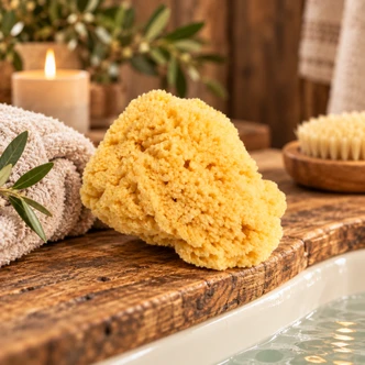 Natural sea sponge with handcrafted tallow soap on rustic bath display