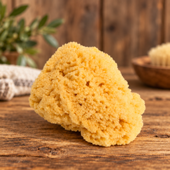 Natural sea sponge for bathing on rustic wooden surface
