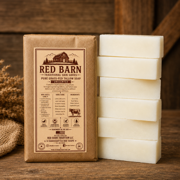 6-pack pure grass-fed tallow soap, unscented handcrafted bar soap by Red Barn Tradition