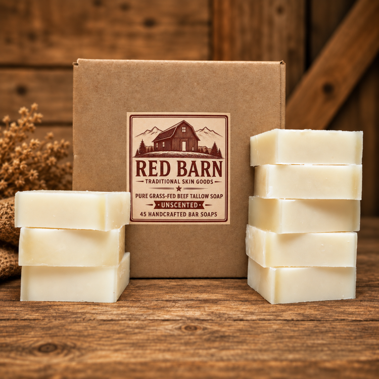 Wholesale 45-pack unscented grass-fed beef tallow soap bars in labeled bulk packaging