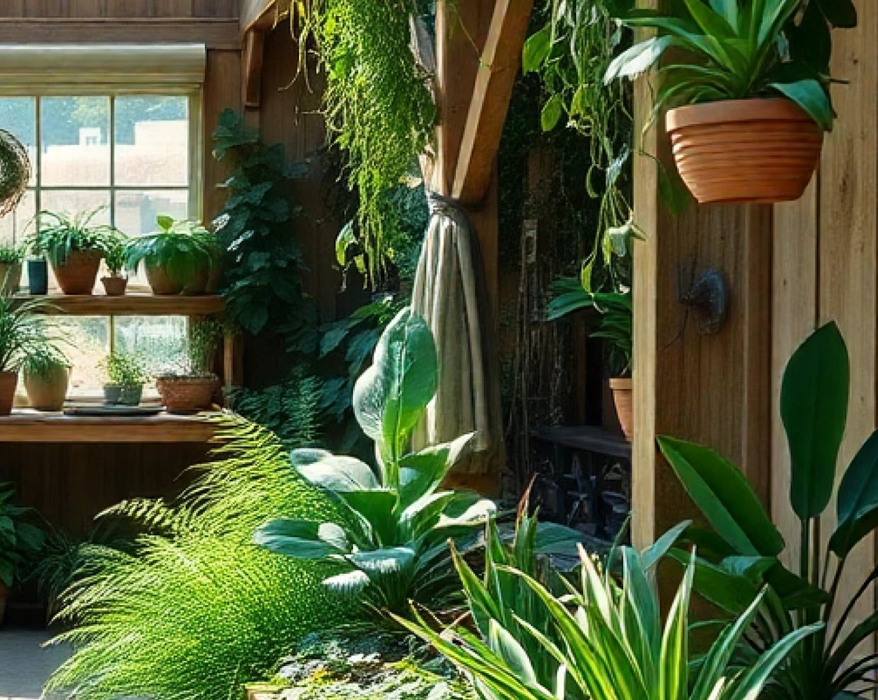 A sunlit greenhouse full of potted plants, ferns and hanging baskets