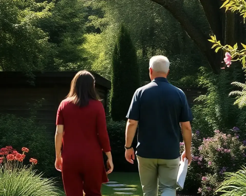 A couple walking a sunlit garden path between flowering shrubs