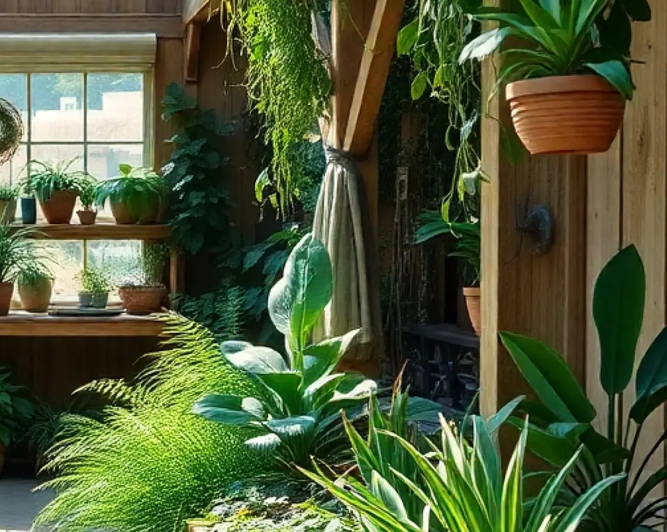 A sunlit greenhouse full of potted plants, ferns and hanging baskets