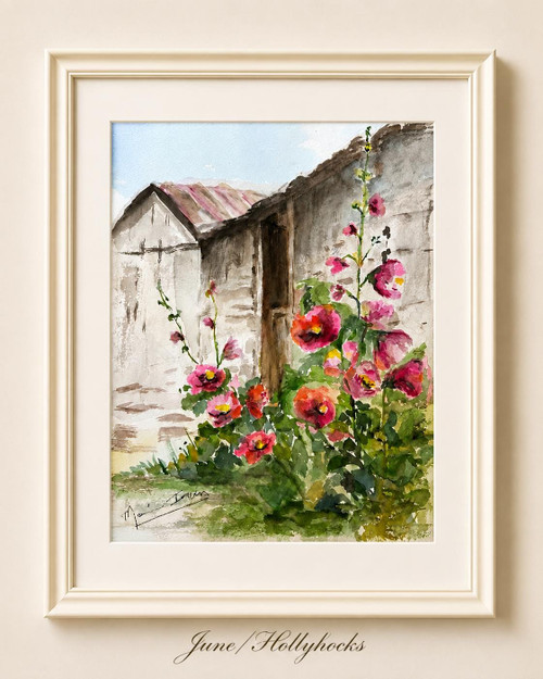 June Hollyhock Watercolor Print – Enchanted Hideaway
