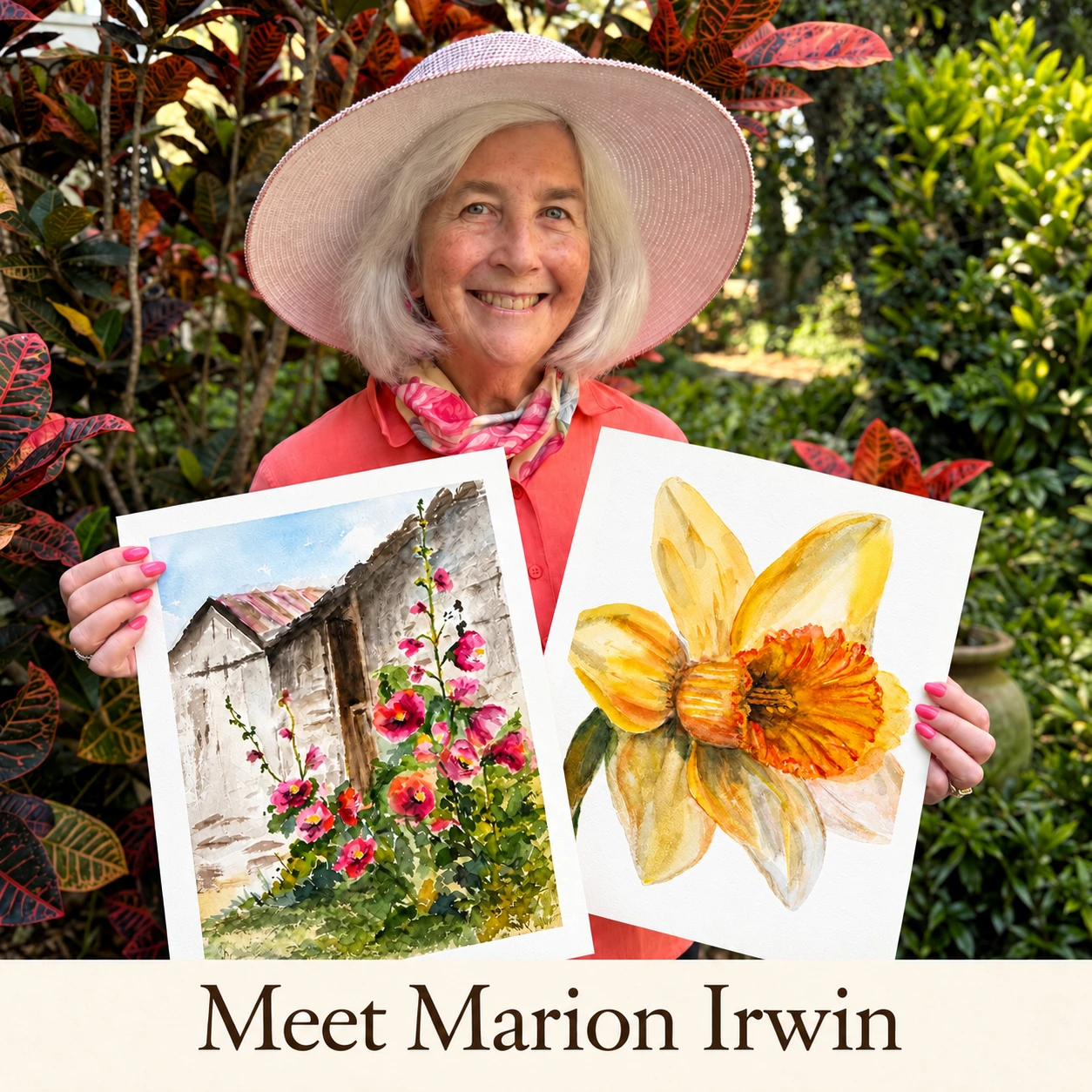 Meet Marion Irwin holding her hollyhock and yellow daffodil watercolor paintings