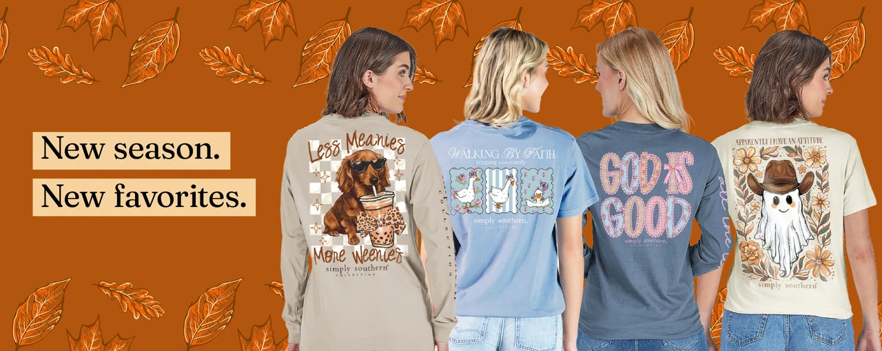 Banner with orange fall leaf background, t-shirt lifestyle model images showing fall themed illustration designs and copy that says "New Season, New Favorites".