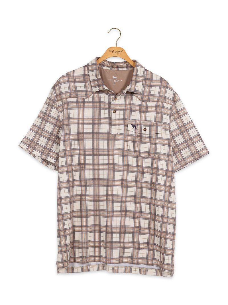 トップス NEW BEGING plaid pattern Polo Shirt 0226-MN-POLO-WST-BRNPLD - Simply Southern