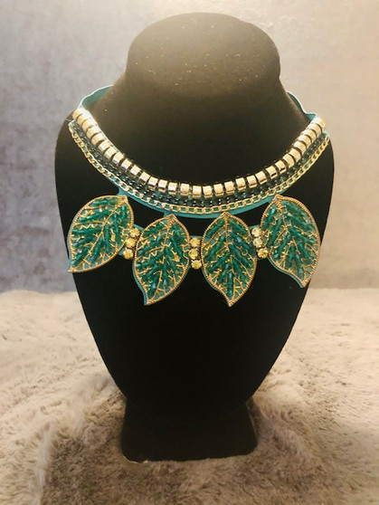 Teal and Gold Leaf Rhinestone Necklace