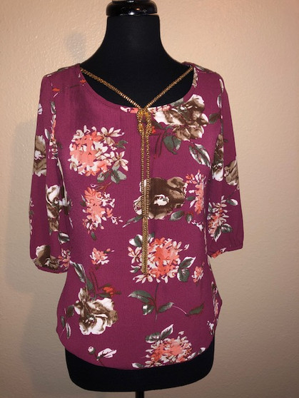 Burgundy Flower Blouse with Gold Necklace