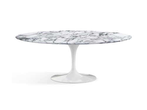 Knoll Saarinen Tulip Oval Dining Table - White Base - Arabescato Marble Top 