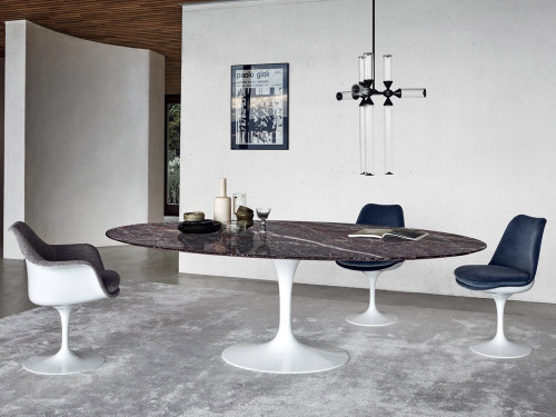 Knoll Saarinen Tulip Oval Round Dining Table - White Base - Rosso Rubini Marble Top