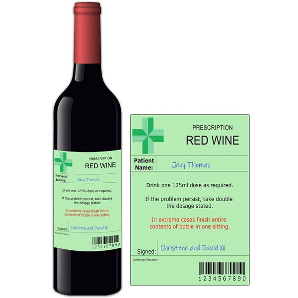 Personalised Prescription Bottle Label Anniversary Birthday Suitable for Wine Bottle
