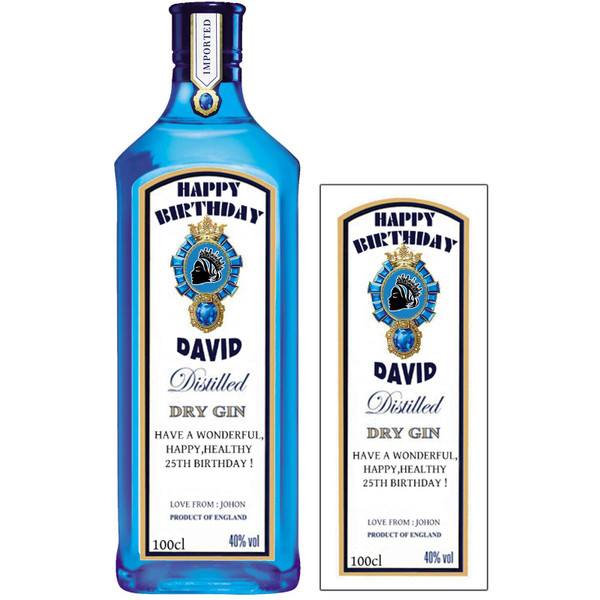 Personalised Sticker Label for Bombay Sapphire Gin Bottle Label Birthday Any Occasion 1L