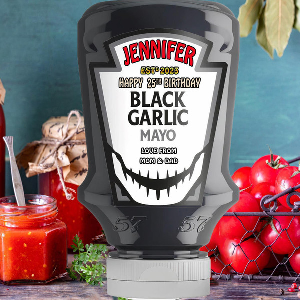 Personalised Customised Bottle Label Sticker for Heinz Black Garlic Mayo 220ml
