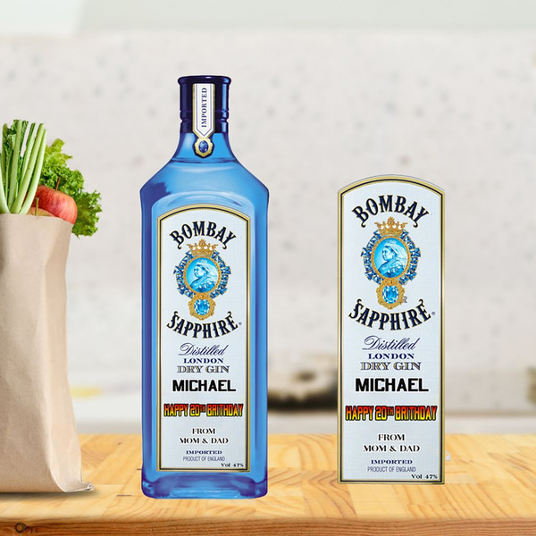 Personalised Sticker Bottle label for Bombay Sapphire Gin Birthday Anniversary