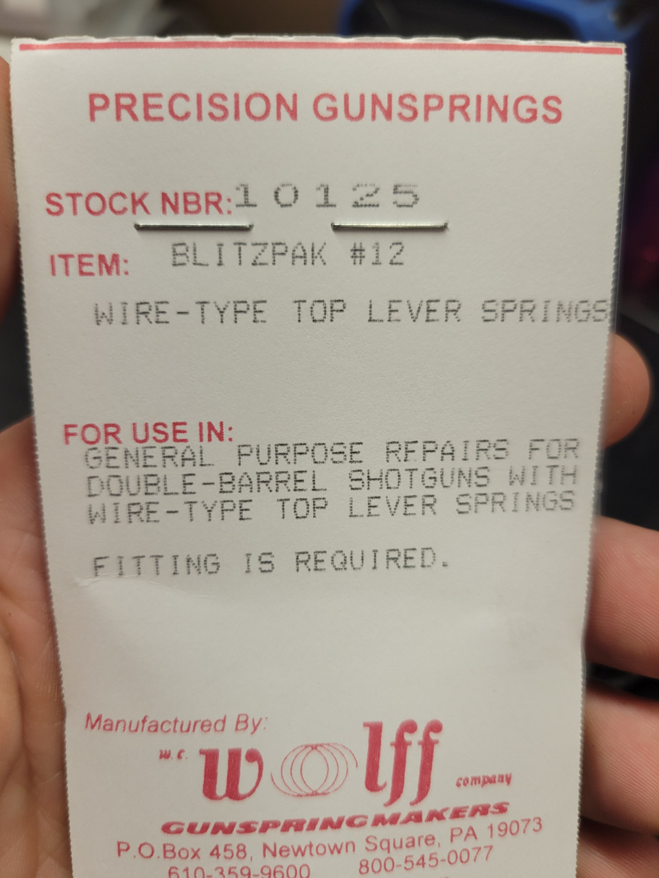 Wolff Gunsmith Blitzpak #12, 9 "U" Shaped Round Wire-Type Top Lever Springs for Double-Barrel Shotguns