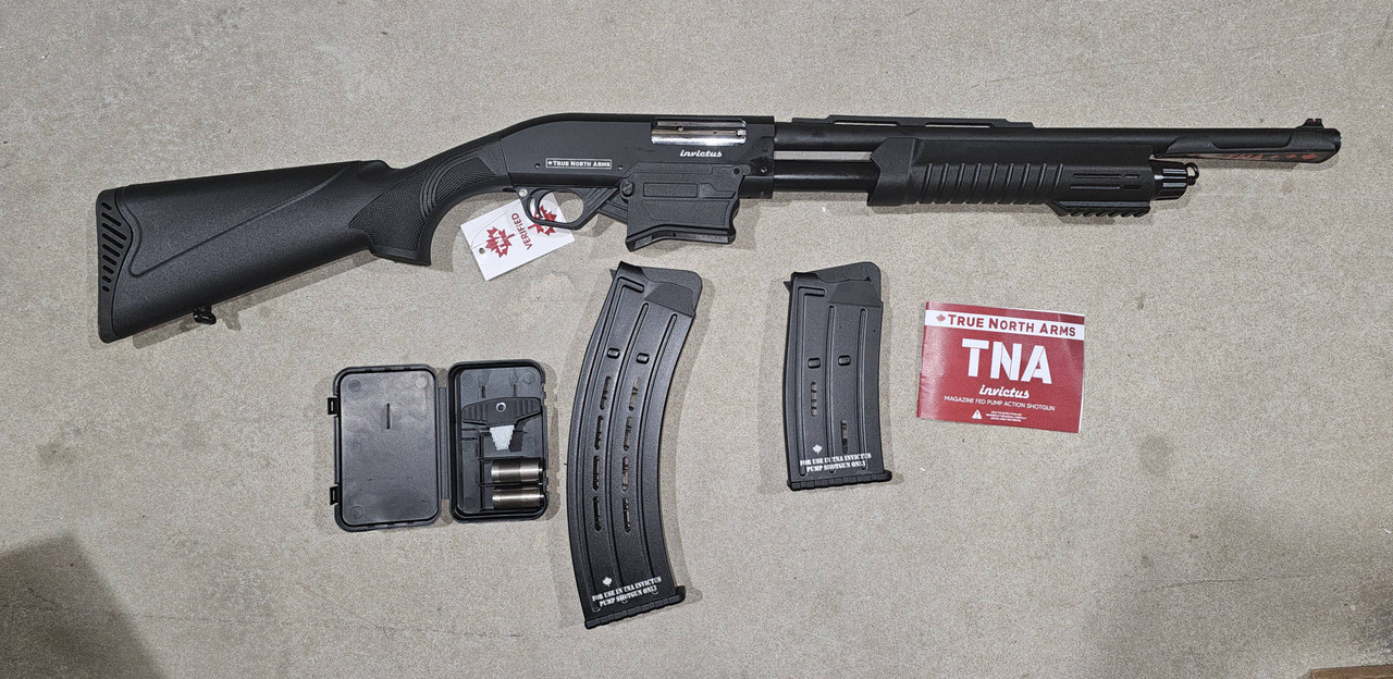 In store demo TNA Invictus 12ga Mag Fed Spring-Assist Pump-Action Shotgun, 18.6" BBL, Non-Restricted