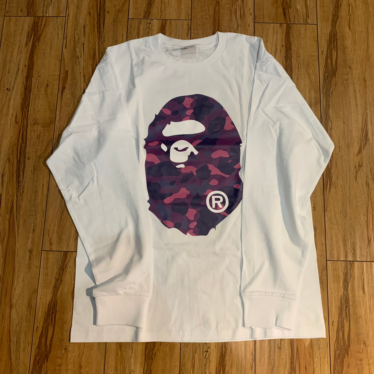 BAPE Purple Camo Big Ape Head L/S Tee White/Purple Sz XL (#8475