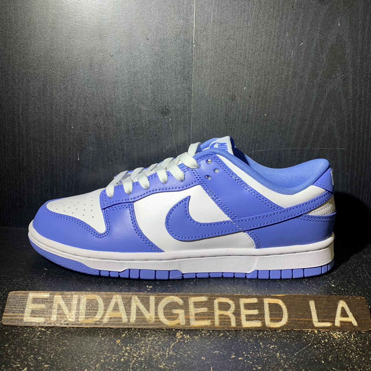 blue and white low dunks