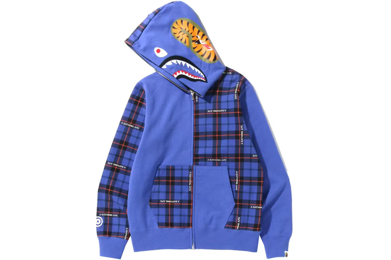 BAPE Logo Check Shark Full Zip Hoodie Blue