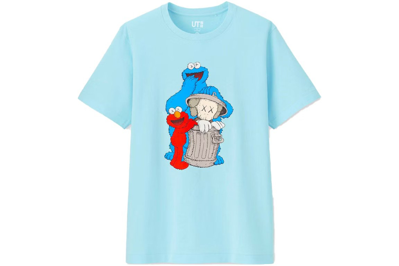 KAWS x Uniqlo x Sesame Street Companion Trash Can Tee Light Blue