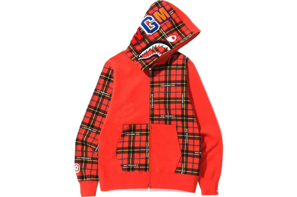 BAPE Logo Check Shark Full Zip Hoodie Red