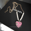 CHANEL 24S CC Logo Pink Heart Necklace Pearls & Crystals *New