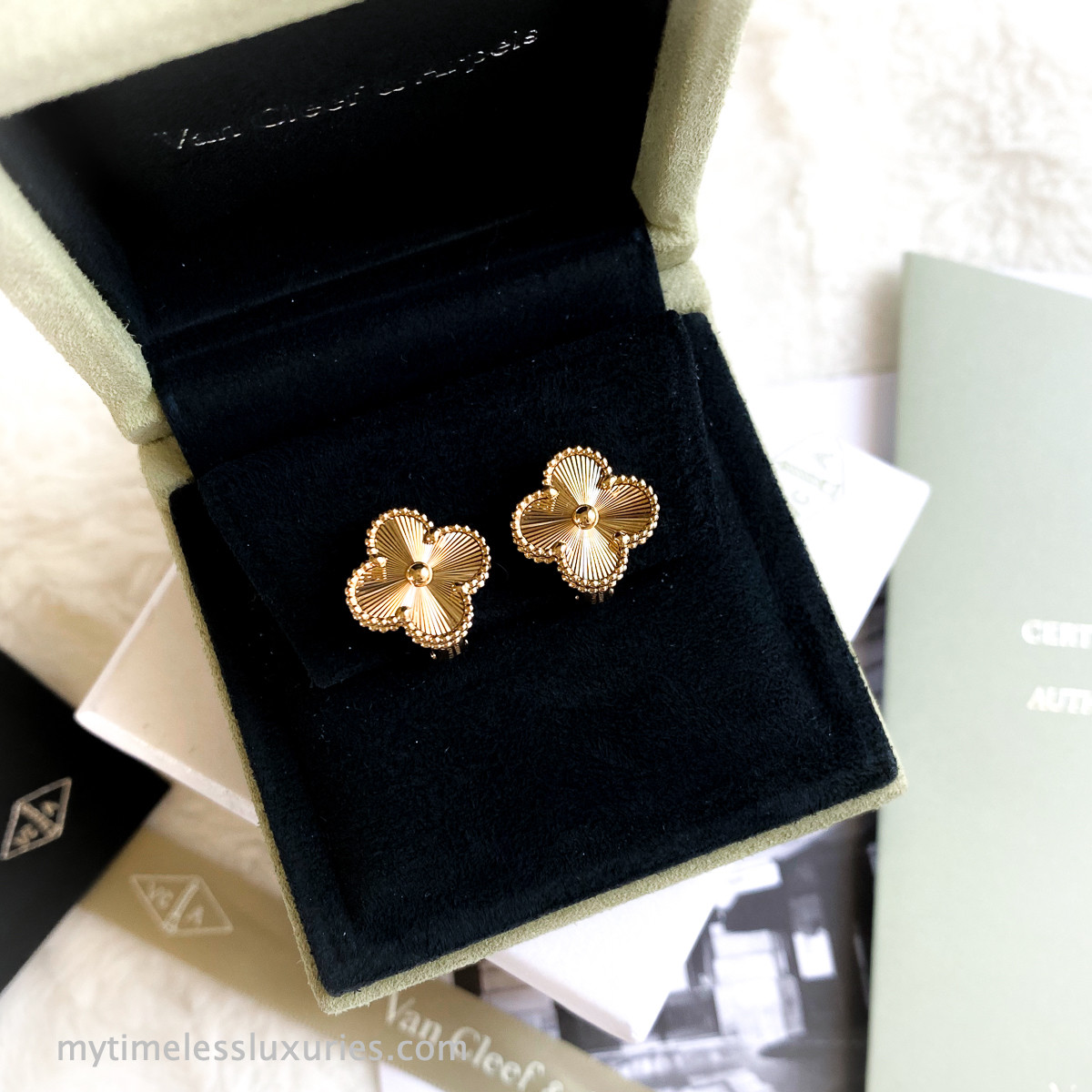 VAN CLEEF & ARPELS Guilloche Vintage Alhambra Earrings 18K YG