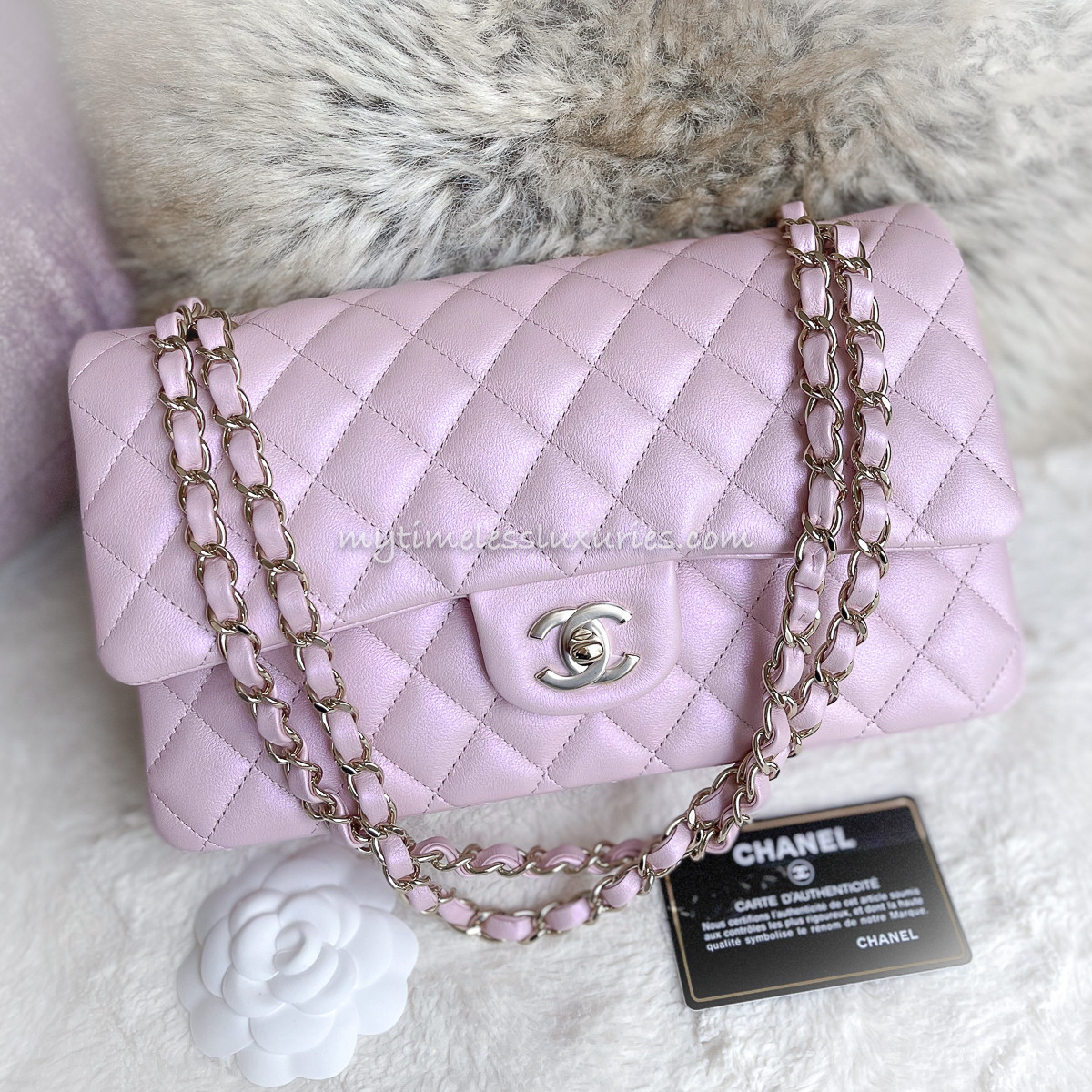 CHANEL 21S Iridescent Pink Calfskin Classic Flap LGHW *New