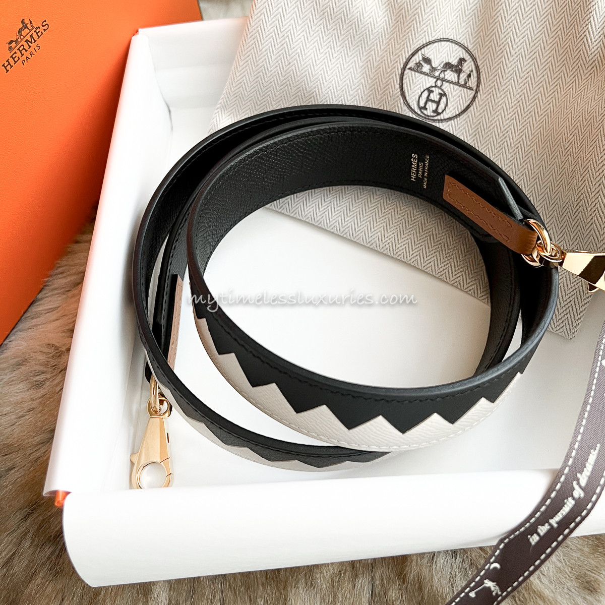 HERMES Tressage Cuir Au Galop 30mm Strap Noir/ Craie/ Gold