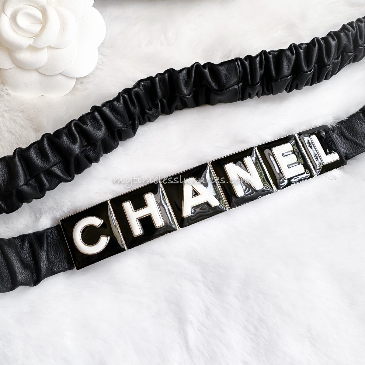 CHANEL 22A Letter Logo Elasticated Leather Belt 85 *New - Timeless