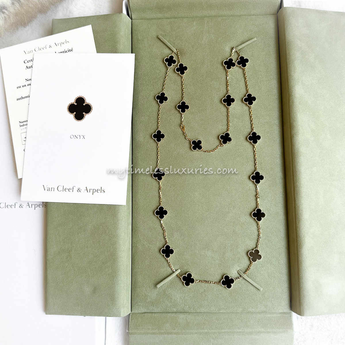 VAN CLEEF & ARPELS 20 Motifs Vintage Alhambra Long Necklace Onyx 18K YG