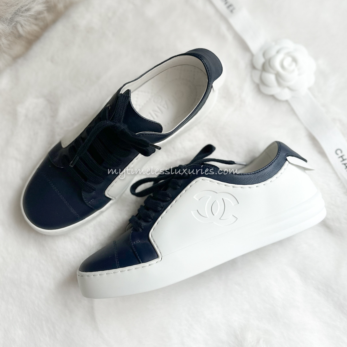 CHANEL CC Sneakers White/ Navy 35.5 *New - Timeless Luxuries