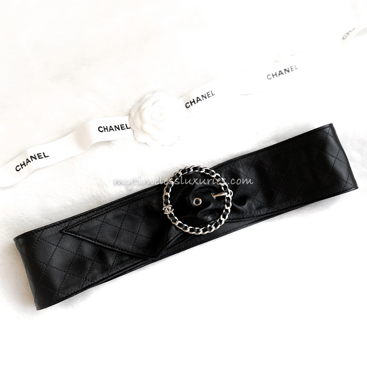 CHANEL ブラック キルティング ベルト CHANEL 19K Quilted Belt Interlaced Leather/ Chain Buckle 80