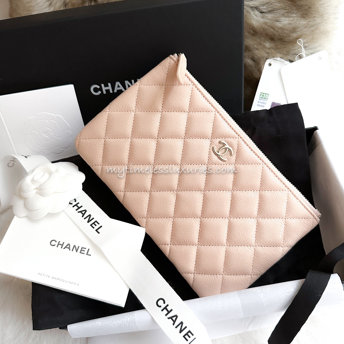 CHANEL 23S Lt Beige Caviar Small O-Case Pouch GHW *New - Timeless