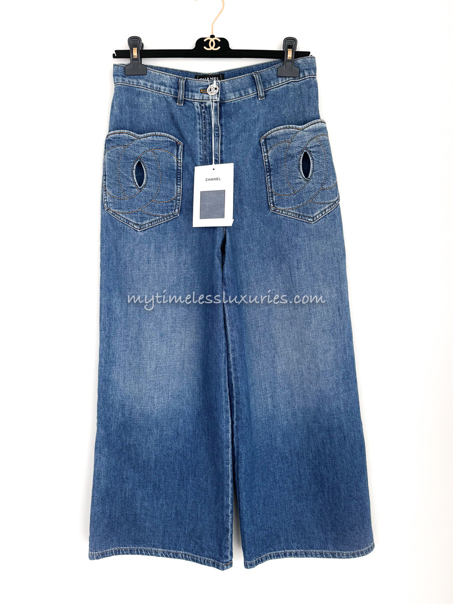 CHANEL 24P Wide Leg Cropped Jeans CC Heart Pockets 36 *New