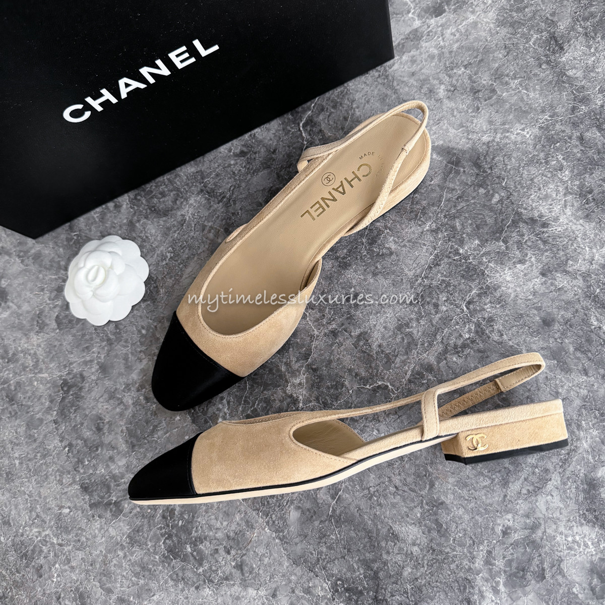 CHANEL Two Tone Slingback Flat Beige/ Black 37 *New - Timeless