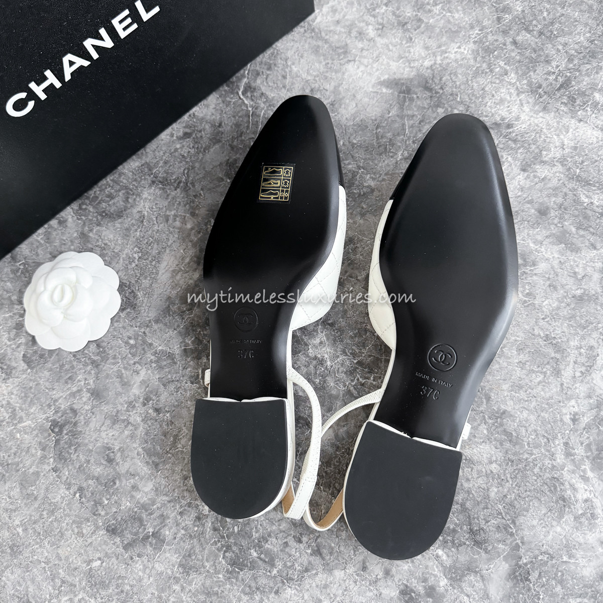 CHANEL Two Tone Quilted Slingback Flat White/ Black 37 *New - Timeless ...