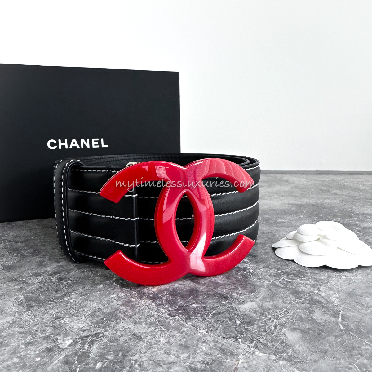 CHANEL 17B CC Logo Belt Black/ Red 75 - Timeless Luxuries