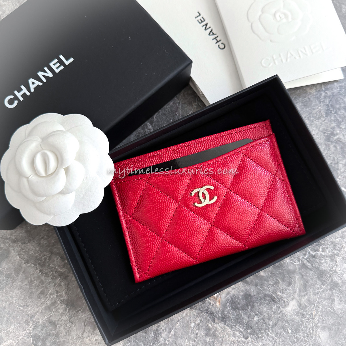 delete CHANEL 22P Red Caviar Flat Card Holder Lt Gold Hw *New
