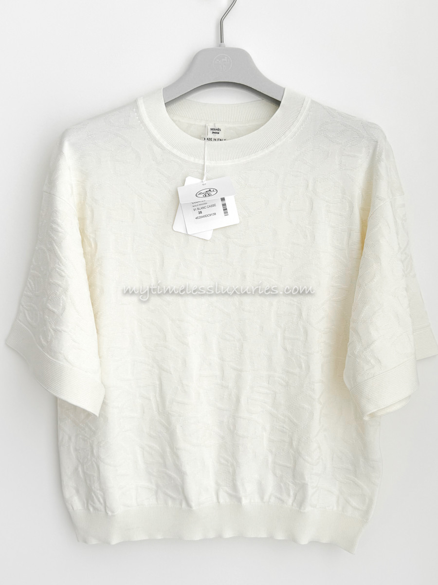 未使用★HERMES★2024★シルク★刺繍★無秩序★ニット HERMES 2024 'Naoussa' Silk/ Cotton Short Sleeve Sweater 38 *New