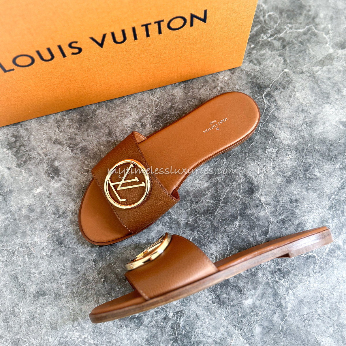 LOUIS VUITTON Lock It Flat Mule Sandals 37.5 Brown *New - Timeless