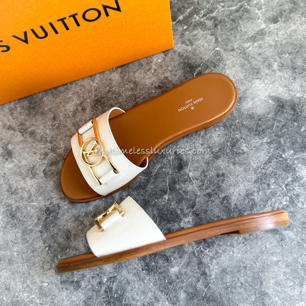 LOUIS VUITTON Lock It Flat Mule Sandals 37.5 White *New - Timeless