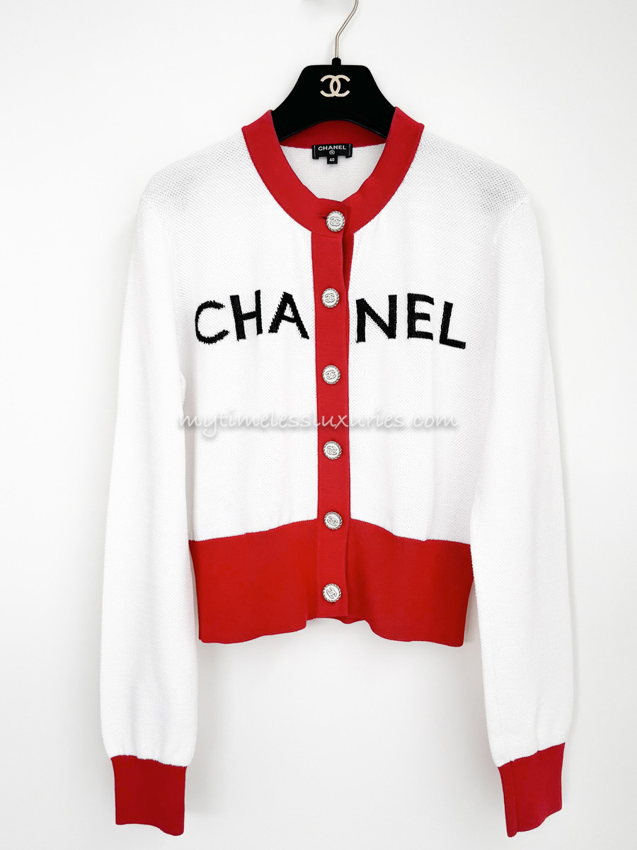 CHANEL 19S 'CHA NEL' Cotton Cardigan 40 White/ Red - Timeless Luxuries