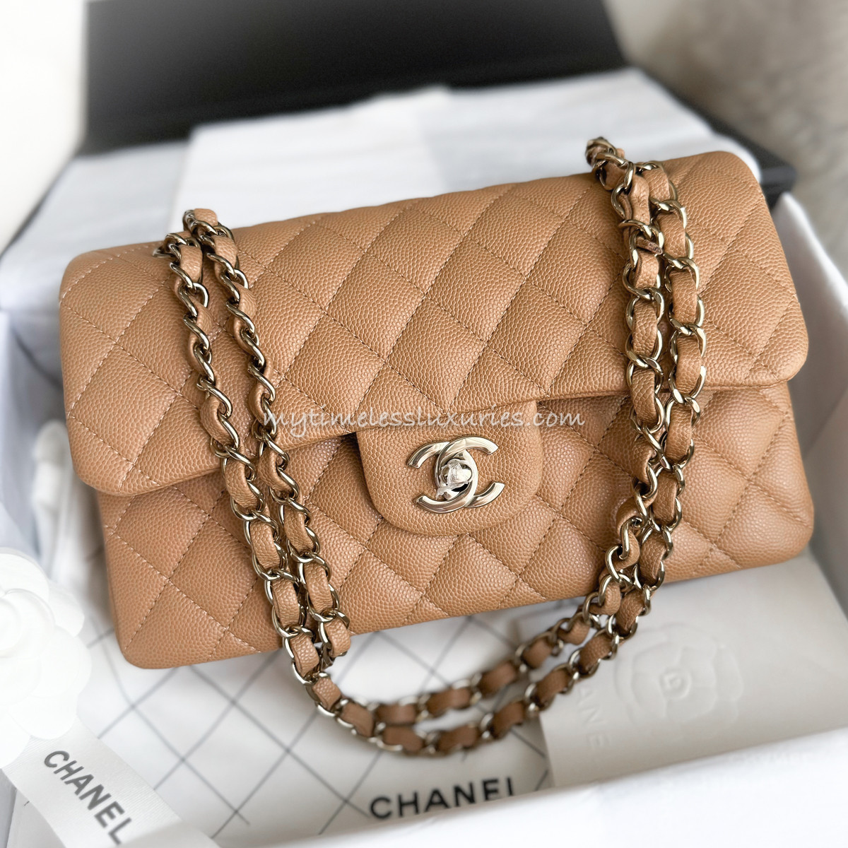 CHANEL 23P Dk Beige Caviar Small Classic Flap LGHW *New - Timeless