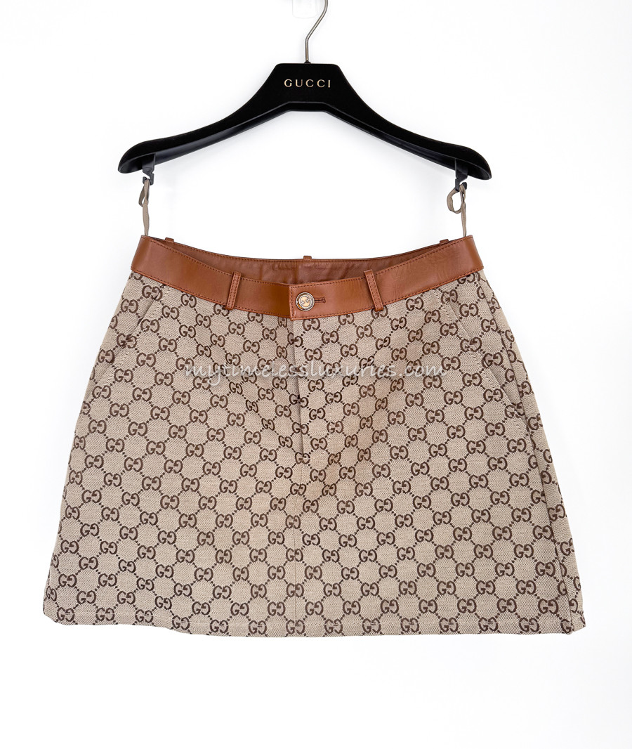 スカート GUCCI Dark Brown Mini Skirt 40 GUCCI GG Canvas Skirt with Leather Trim 40 IT - Timeless Luxuries